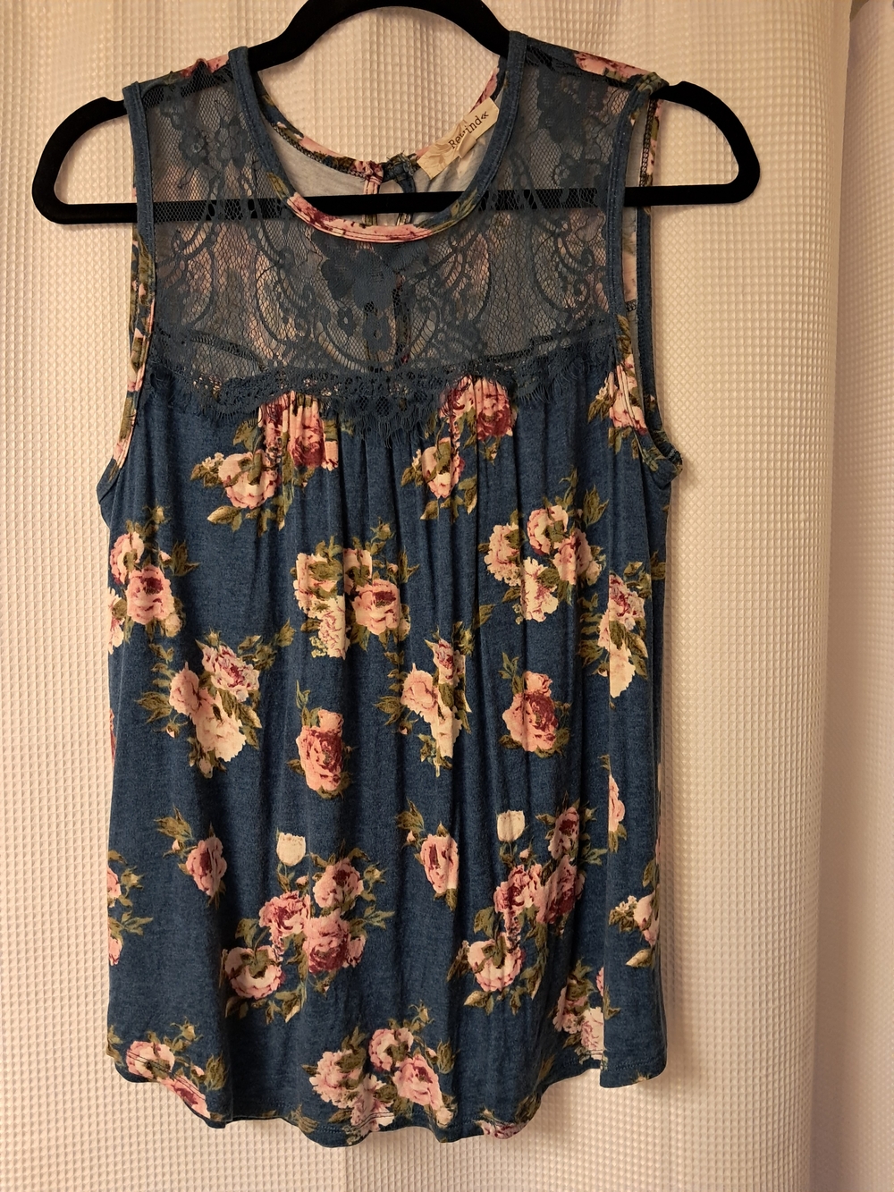 Rewind Blue Floral Lace Yoke Tank Top